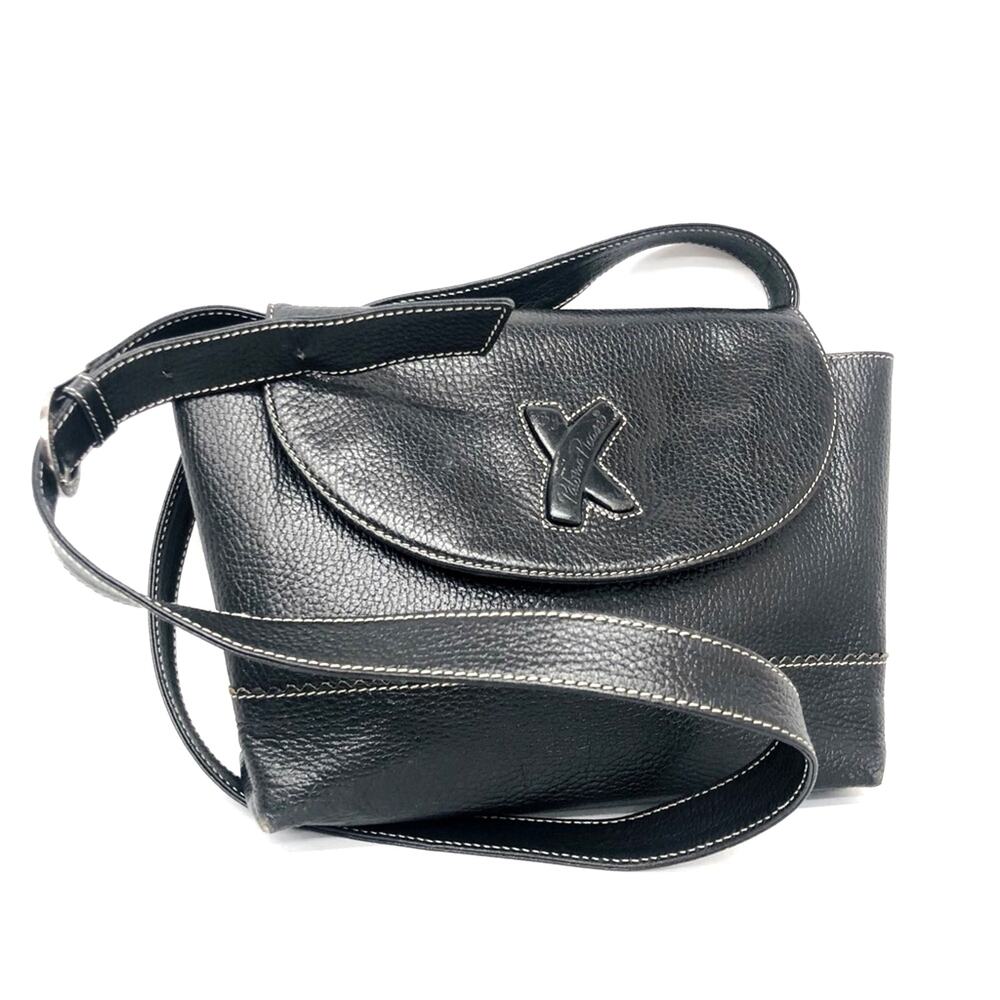 Vintage Black Shoulder Bag Embossed Logo Adjustable Strap with silvertone buckle